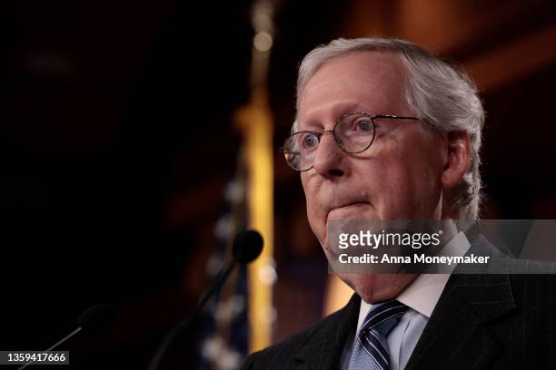 Senate Minority Leader Mitch McConnell speaks at a news conference at the U.S. Capitol Building on December 16, 2021 in Washington, DC. McConnell...