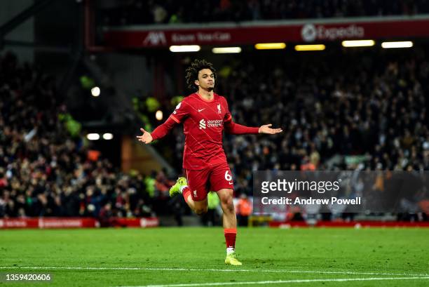 Trent Alexander-Arnold of Liverpool celebrates after scoring the third goal during the Premier League match between Liverpool and Newcastle United at...