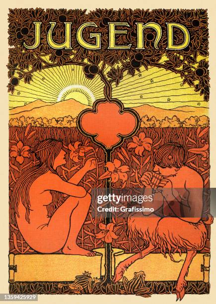 frau mit hirtenpfanne spielt flöte unter baum zeichnung jugendstil 1896 - art nouveau stock-grafiken, -clipart, -cartoons und -symbole