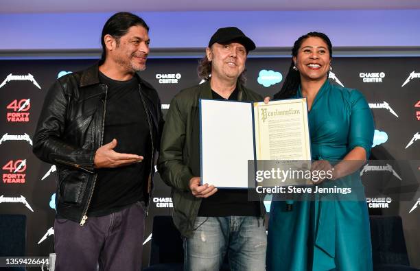 Robert Trujillo and Lars Ulrich of Metallica join San Francisco Mayor London Breed at the band's 40th Anniversary Celebration at Chase Center on...