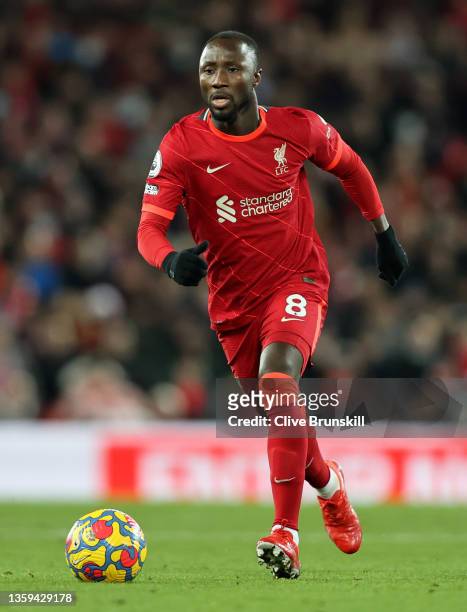 Naby Keita of Liverpool on the ball during the Premier League match between Liverpool and Newcastle United at Anfield on December 16, 2021 in...