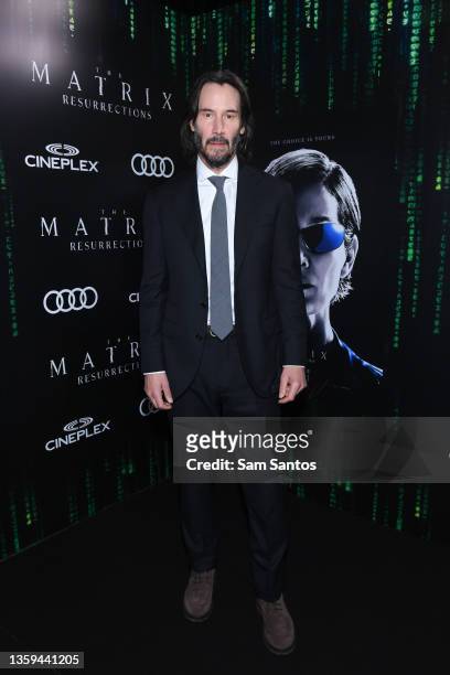 Actor Keanu Reeves attends the Canadian Premiere of "The Matrix Resurrections" held at Cineplex's Scotiabank Theatre on December 16, 2021 in Toronto,...