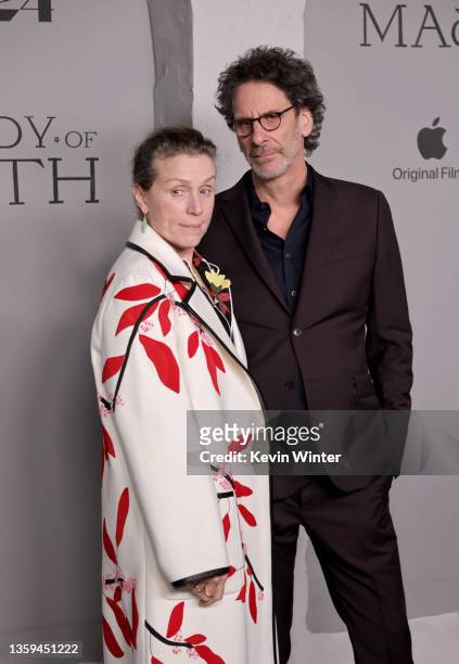 Frances McDormand and Joel Coen attend the Los Angeles premiere of A24's "The Tragedy Of Macbeth" at DGA Theater Complex on December 16, 2021 in Los...
