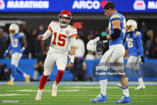 Patrick Mahomes of the Kansas City Chiefs reacts after a game winning touchdown pass during overtime against the Los Angeles Chargers at SoFi Stadium...