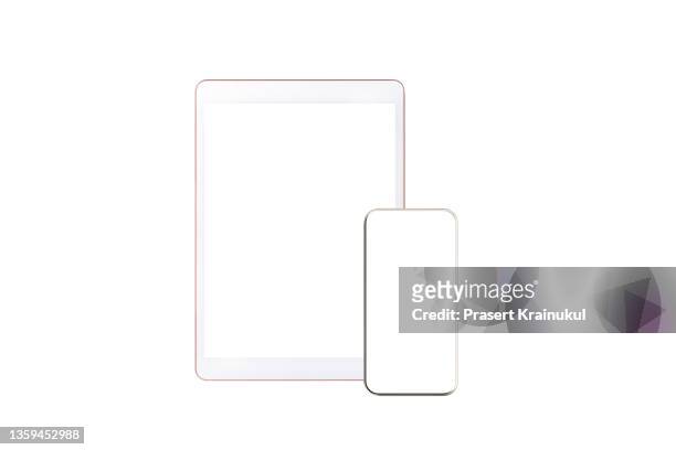 tablet and smartphone with blank screen on white background. mockup - tablet pc stockfoto's en -beelden