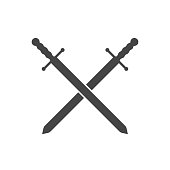 Two medieval knight crossed swords isolated vector emblem. Black and white illustration