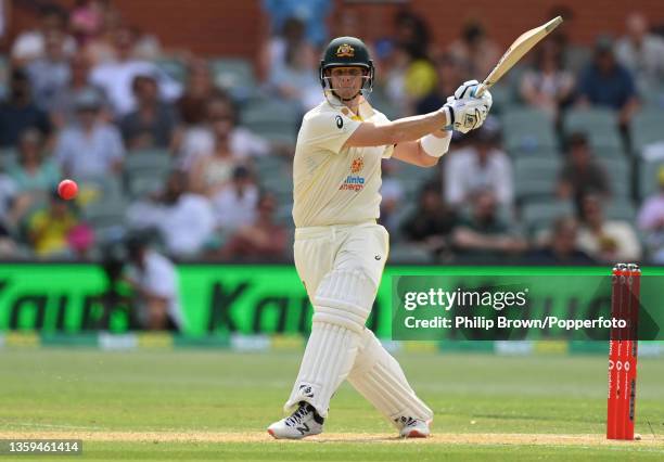 Steve Smith of Australia hits out during day two of the Second Test match in the Ashes series between Australia and England at Adelaide Oval on...