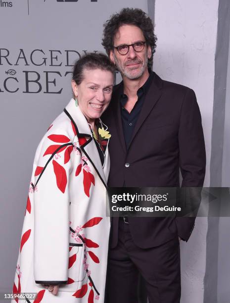 Frances McDormand and Joel Coen attend the Los Angeles premiere of A24's "The Tragedy Of Macbeth" at DGA Theater Complex on December 16, 2021 in Los...