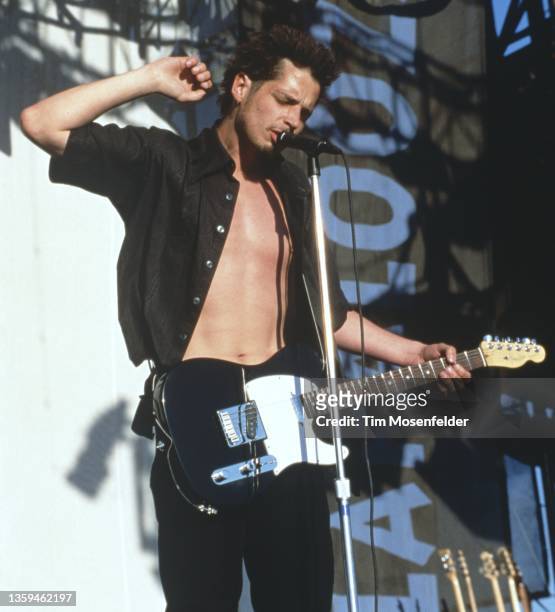 Chris Cornell of Soundgarden performs during Lollapalooza at Winnebago County Fairgrounds on June 30, 1996 in Rockford, Illinois.