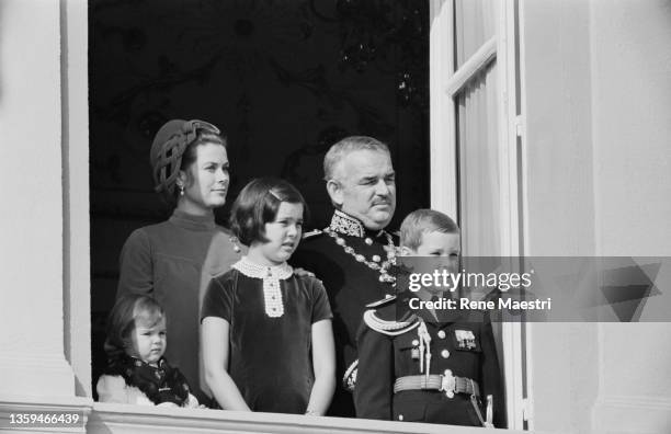 Princess Stephanie, Prince Albert, and Princess Caroline with their parents, Princess Grace and Prince Rainier III of Monaco at the balcony of the...