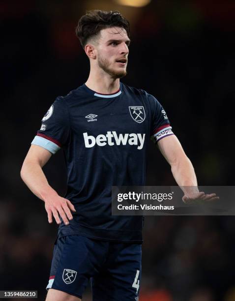 Declan Rice of West Ham United during the Premier League match between Arsenal and West Ham United at Emirates Stadium on December 15, 2021 in...