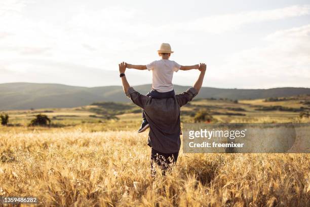 back view of father while carrying his son on shoulders in nature - carrying on shoulders stock pictures, royalty-free photos & images