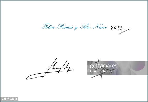 This handout image provided by the Spanish Royal Household shows the official 2021 Christmas card of King Juan Carlos and Queen Sofia as well as a...