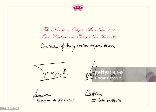 This handout image provided by the Spanish Royal Household shows the inside of the Royal Christmas Card featuring a photograph of featuring King...