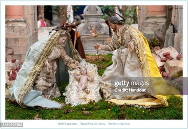 This handout image provided by the Spanish Royal Household shows the official 2021 Christmas card of King Juan Carlos and Queen Sofia as well as a...