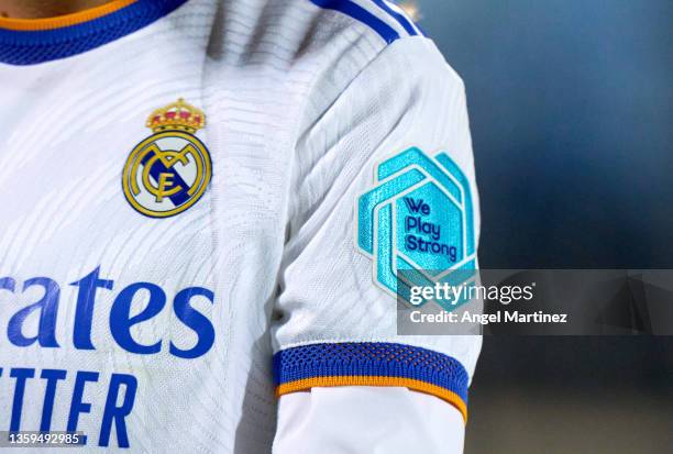 Detailed view of the We Play Strong logo on the jersey of Maite Oroz of Real Madrid during the UEFA Women's Champions League group B match between...