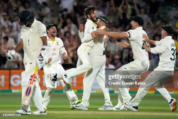 Michael Neser of Australia celebrates with team mates after taking the wicket of Haseeb Hameed of England for 6 runs during day two of the Second...