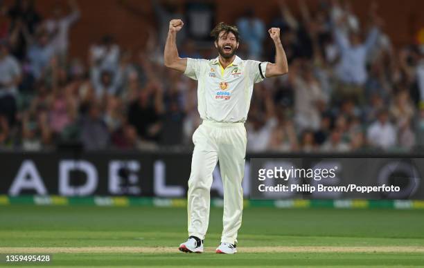 Michael Neser of Australia celebrates after dismissing Haseeb Hameed of England with his second delivery during day two of the Second Test match in...