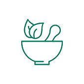 Green mortar and pestle with leaves line icon. Herbal traditional medicine.