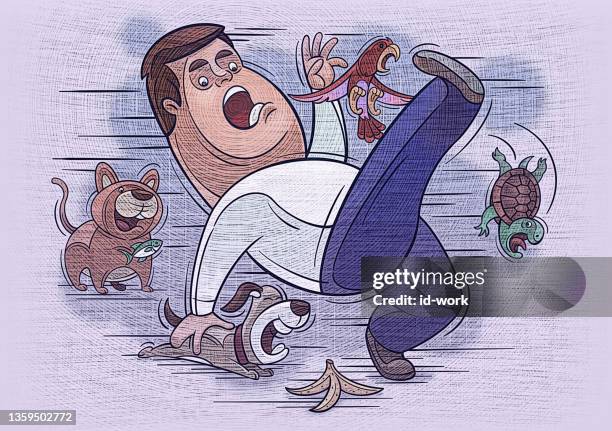 man slipping with pets - missing cat stock illustrations