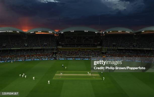 Mitchell Starc of Australia bowls the first ball of the innings to Haseeb Hameed of England during day two of the Second Test match in the Ashes...