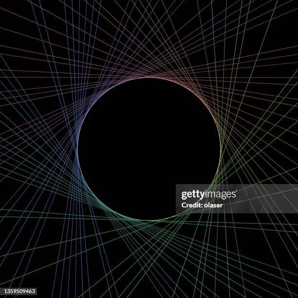 abstract multicolored lines rotating and touching black sphere, copy space in middle. - maroon swirl stock illustrations