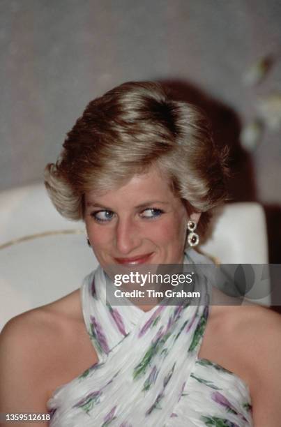 British Royal Diana, Princess of Wales , wearing a Catherine Walker evening gown, at a presidential banquet hosted by Nigerian President Ibrahim...