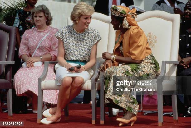 Diana's lady-in-waiting Anne Beckwith-Smith, British Royal Diana, Princess of Wales , wearing an Alistair Blair dress, and Maryam Babangida, the wife...