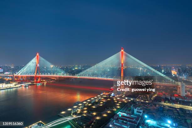 double tower cable-stayed bridge-yangpu bridge - shanghai bridge stock pictures, royalty-free photos & images