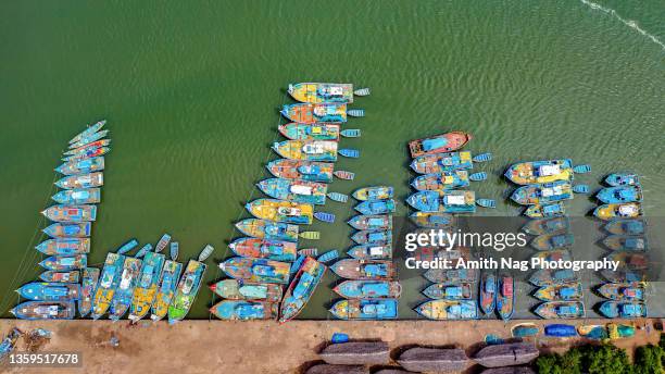 fishing boats from the air - india aerial stock pictures, royalty-free photos & images