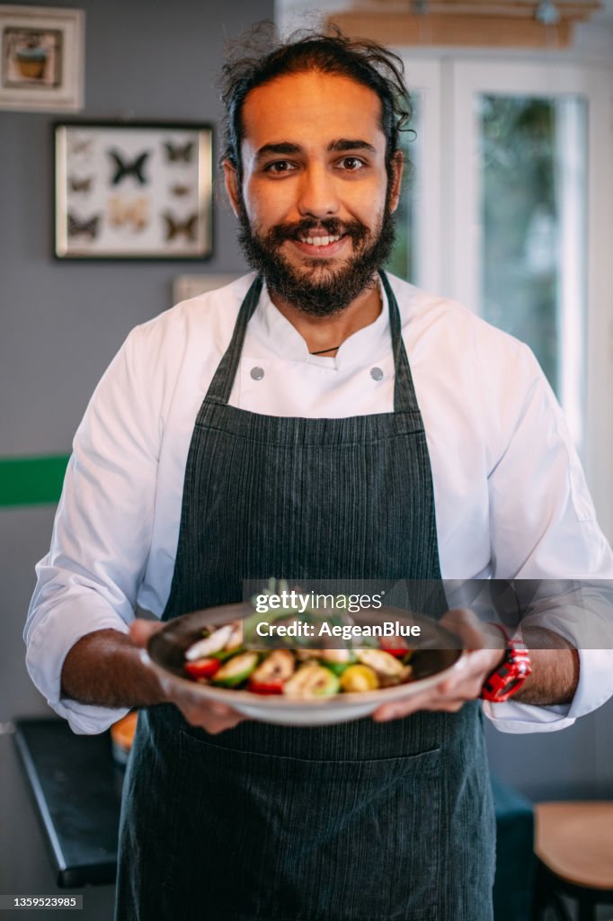 Chef Offers His Prepared Vegan Salad