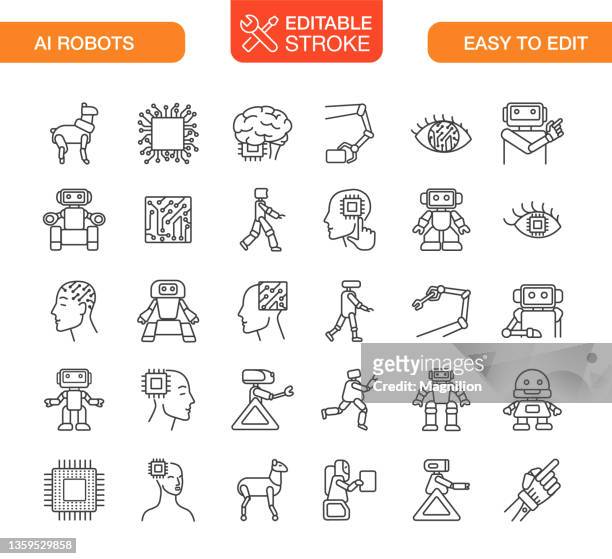 illustrazioni stock, clip art, cartoni animati e icone di tendenza di ai robots icons imposta tratto modificabile - big tech