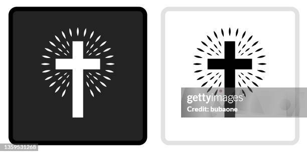 christian cross icon on  black button with white rollover - cross stock illustrations