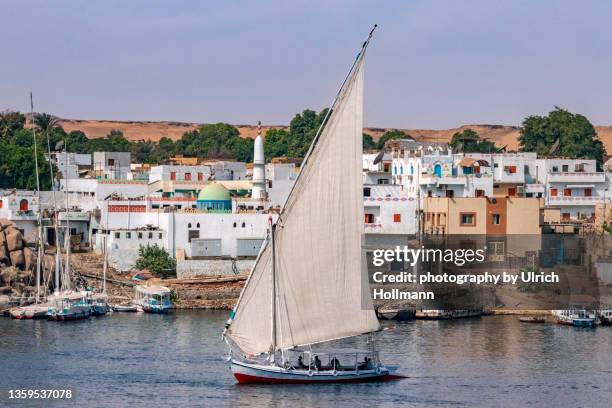 felucca sailing along elephantine island, aswan, egypt - nile river stock-fotos und bilder