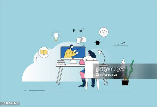 online learning at home, online distance learning, video teaching. - young man using laptop stock illustrations