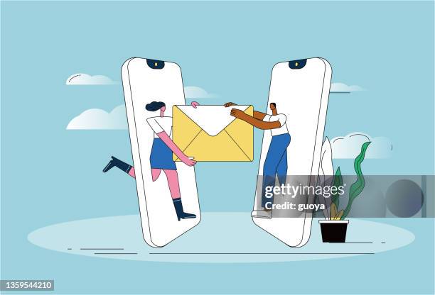 stockillustraties, clipart, cartoons en iconen met two people use mobile phones to send mail. - newsletter