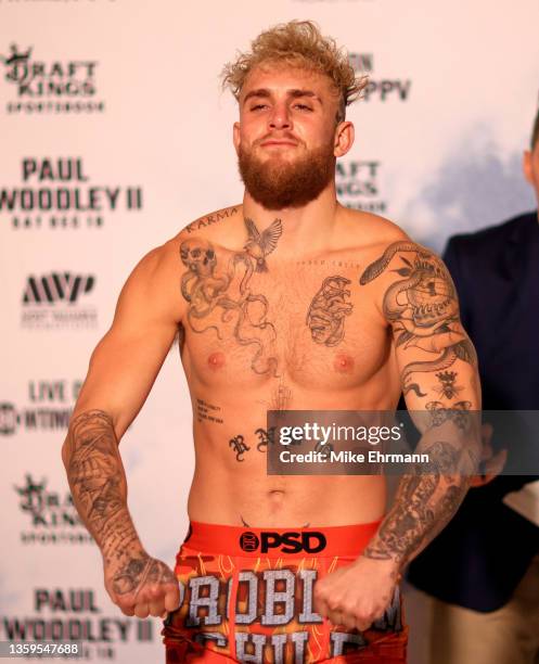 Jake Paul poses during a weigh in at the downtown Marriott ahead of this weekends fight on December 17, 2021 in Tampa, Florida.