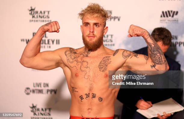 Jake Paul poses during a weigh in at the downtown Marriott ahead of this weekends fight on December 17, 2021 in Tampa, Florida.