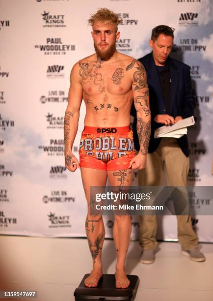 Jake Paul poses during a weigh in at the downtown Marriott ahead of this weekends fight on December 17, 2021 in Tampa, Florida.