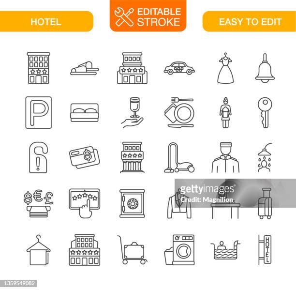 illustrazioni stock, clip art, cartoni animati e icone di tendenza di icone della linea dell'hotel imposta tratto modificabile - parcheggiare