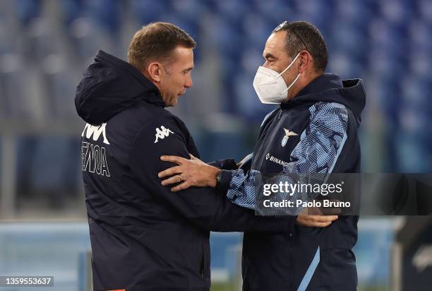 Genoa head coach Andriy Shevchenko and SS Lazio head coach Maurizo Sarri embrace during the Serie A match between SS Lazio and Genoa CFC at Stadio...