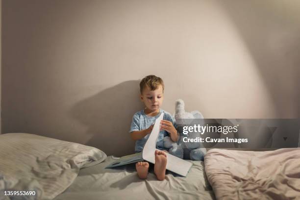 boy sitting on bed and reading night time book with soft toy - elephant at home stockfoto's en -beelden