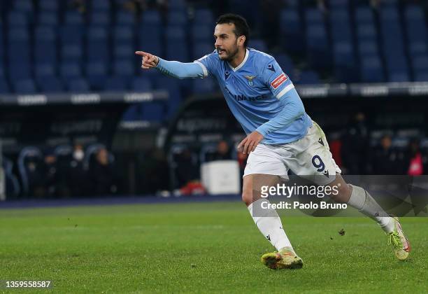 Pedro of Lazio celebrates scoring his side's opening goal during the Serie A match between SS Lazio and Genoa CFC at Stadio Olimpico on December 17,...