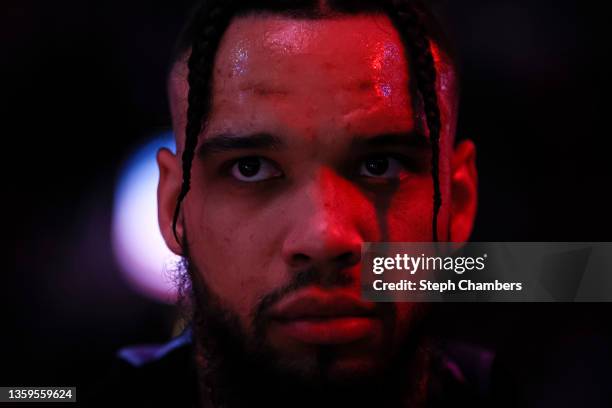 Dillon Brooks of the Memphis Grizzlies looks on before the game at Moda Center on December 15, 2021 in Portland, Oregon. NOTE TO USER: User expressly...