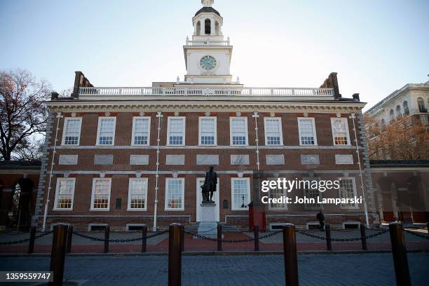 View of Joseph A. Bailly's statue of George Washington in front of Independence Hall in the Old City on December 13, 2021 in Philadelphia,...