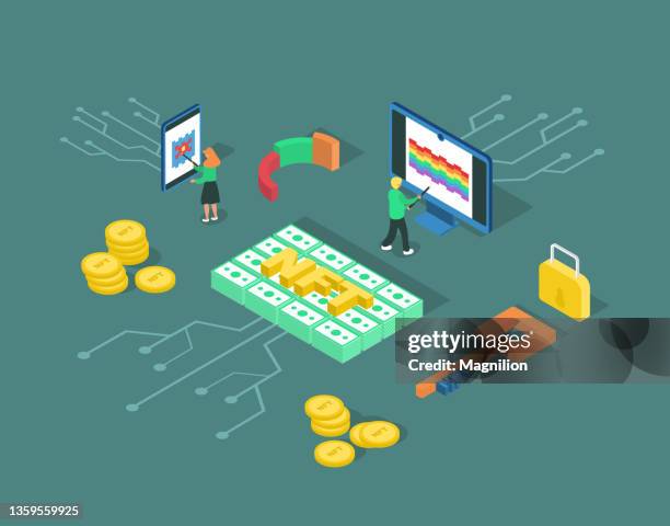 nft isometric vector - virtual auction stock illustrations