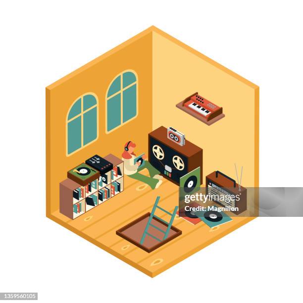 vintage music room isometric illustration - room after party stock illustrations