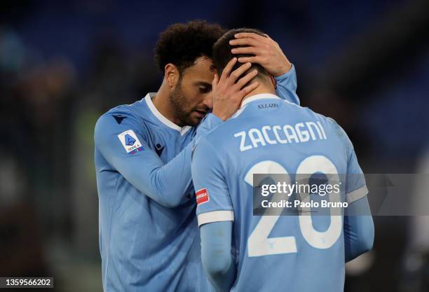 Mattia Zaccagni of Lazio celebrates with Felipe Anderson of Lazioafter scoring his side's third goal during the Serie A match between SS Lazio and...