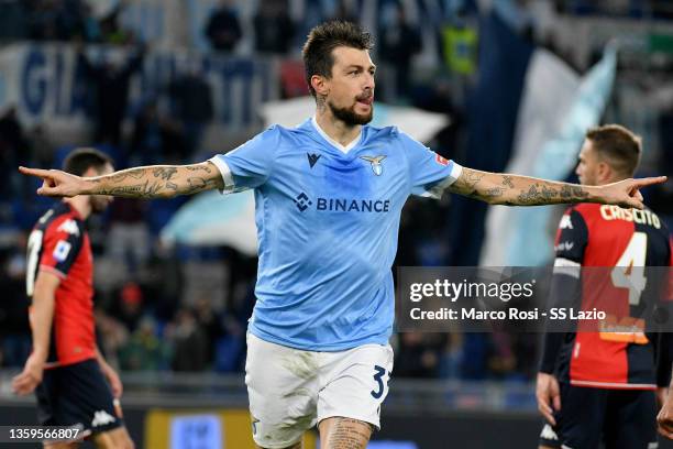 Francesco Acerbi of SS Lazio celebrates after scoring the second goal of his team with his teammate during the Serie A match between SS Lazio and...