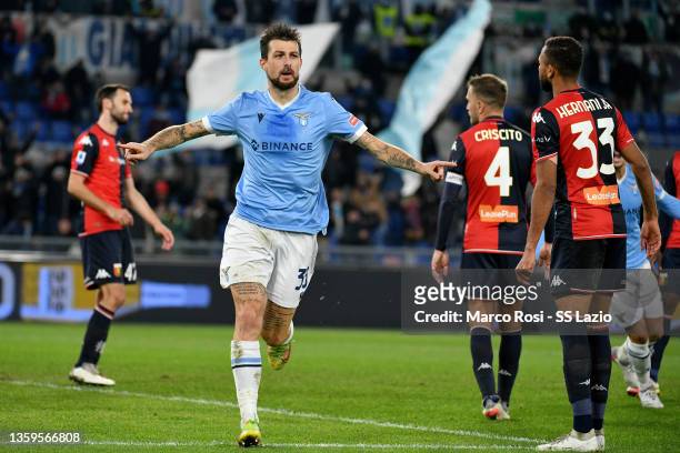 Francesco Acerbi of SS Lazio celebrates after scoring the second goal of his team with his teammate during the Serie A match between SS Lazio and...